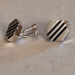 Vintage Hex-Shaped Silvertone w/Diagonal Black Lines Cufflinks